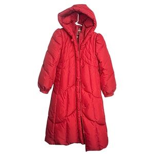 J. Gallery Vintage 80s Down Quilted Maxi Coat L Red Hooded Puffer
